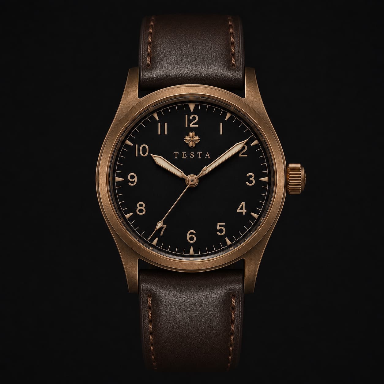 The first Testa: a 39mm bronze automatic field watch with a black dial, on a brown leather strap.